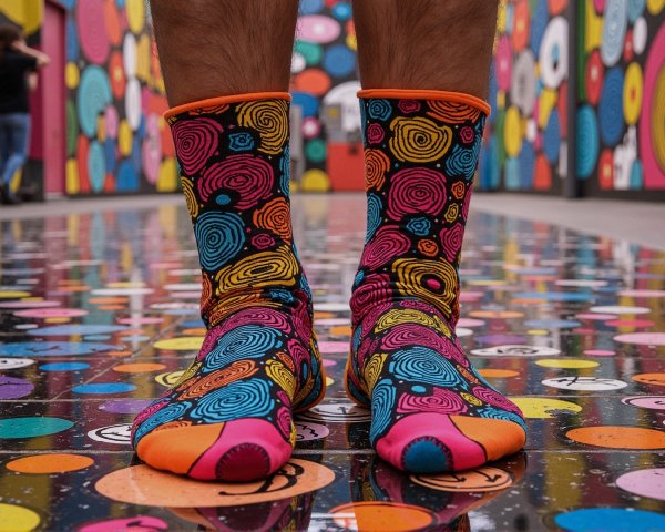 Brightly Colored Socks on Polka-Dotted Floor with Art