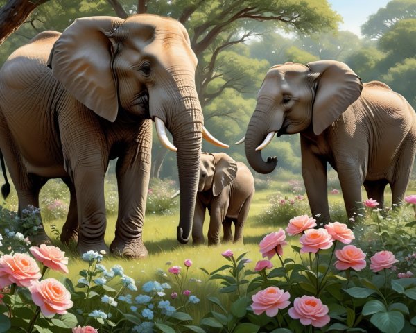 Elephants in a Lush Landscape with Vibrant Flowers