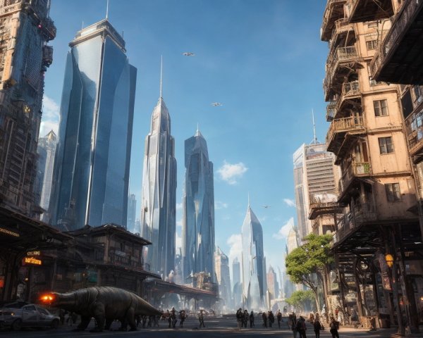 Futuristic cityscape with skyscrapers and dinosaur presence