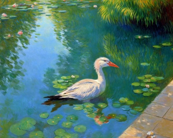 White Bird on Tranquil Pond with Lily Pads and Lotus