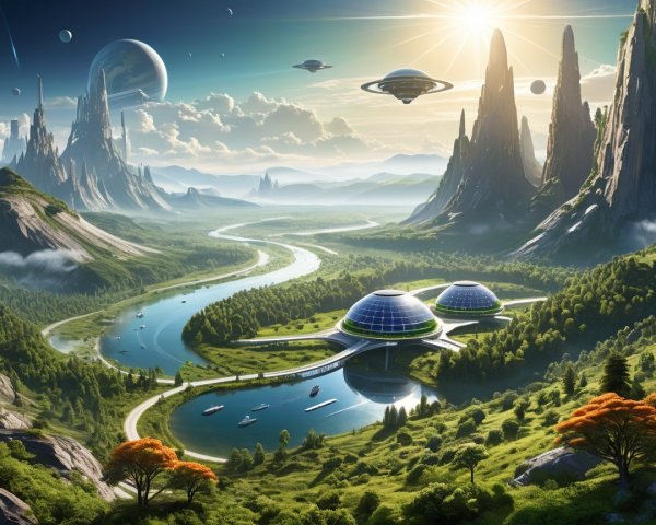 Futuristic landscape with domes by a winding river