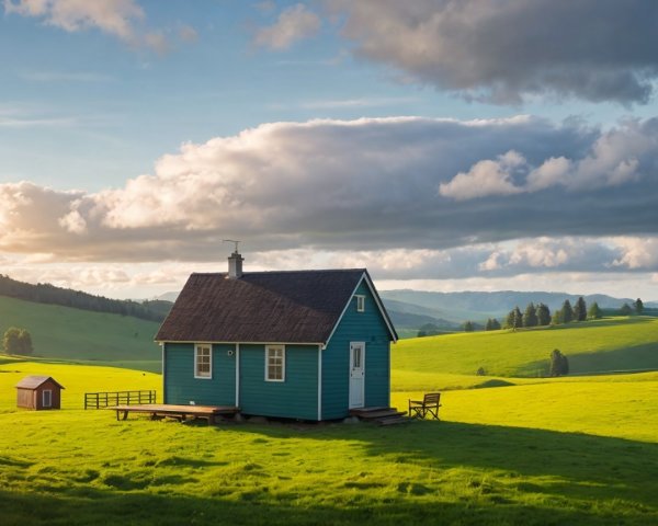 Small blue house on green grass with rolling hills