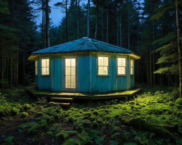 Circular Cabin in Forest at Dusk with Warm Glow
