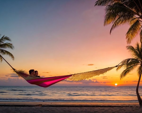 Serene beach sunset with hammock between palm trees