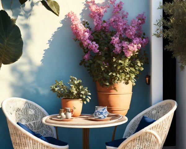 Charming Outdoor Setting with Table and Bougainvillea