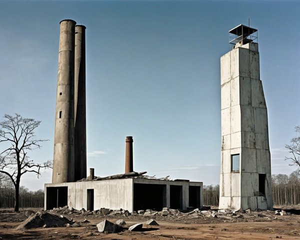 Weathered Industrial Chimneys in Barren Landscape
