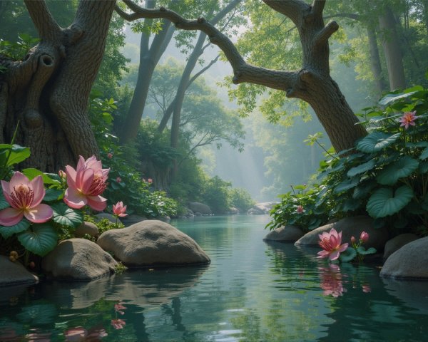 Misty Forest with Tranquil River and Lotus Flowers