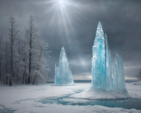 Serene Winter Landscape with Ice Formations and Snow