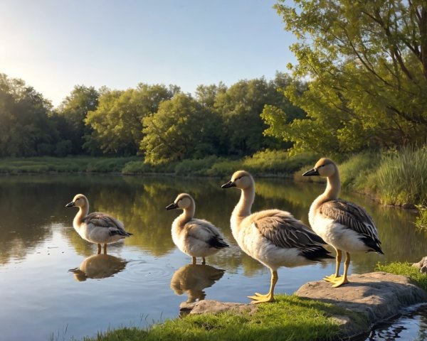 Serene Pond Scene with Young Ducks and Lush Greenery