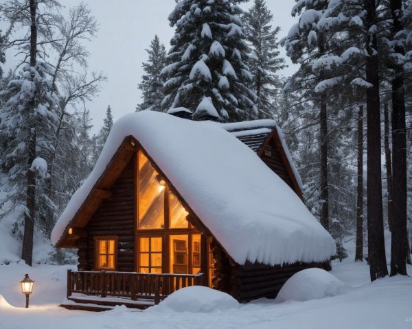 Cozy Wooden Cabin in a Snowy Forest Setting