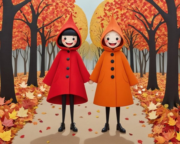 Children in Colorful Coats in Autumn Forest