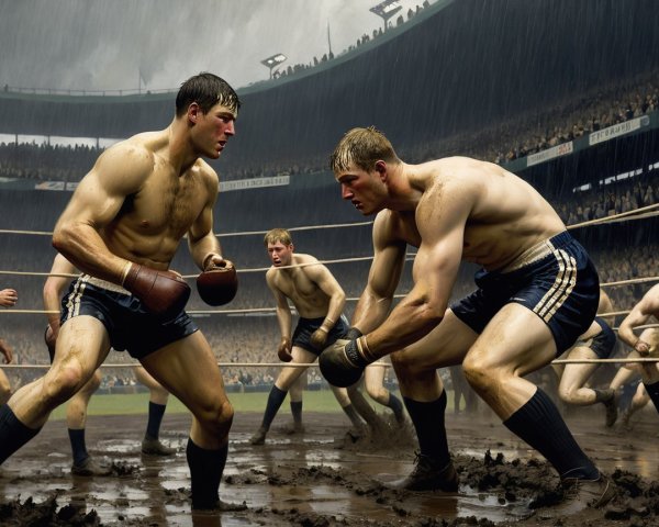 Boxers Compete in Muddy Ring at Rain-Soaked Stadium
