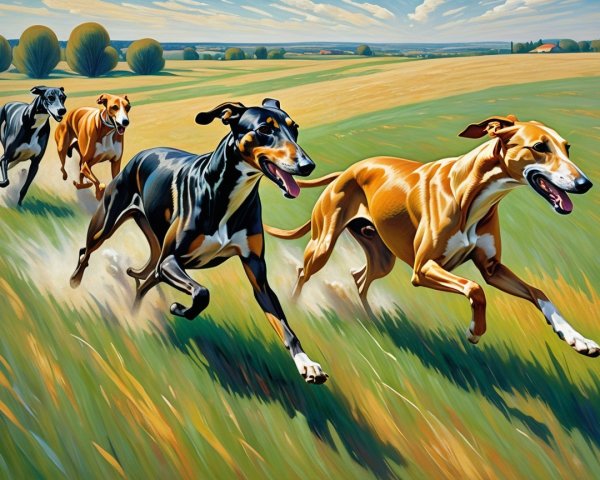 Colorful Painting of Greyhounds in a Green Field