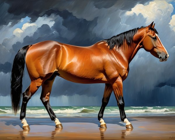 Brown horse on sandy beach with stormy backdrop
