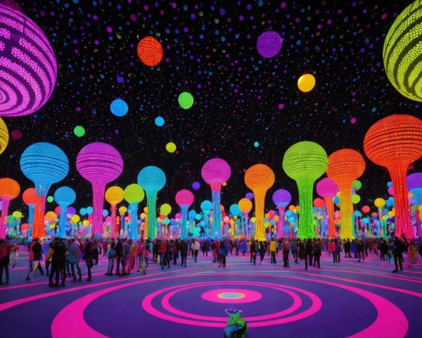Vibrant Light Installation with Colorful Orbs and Trees
