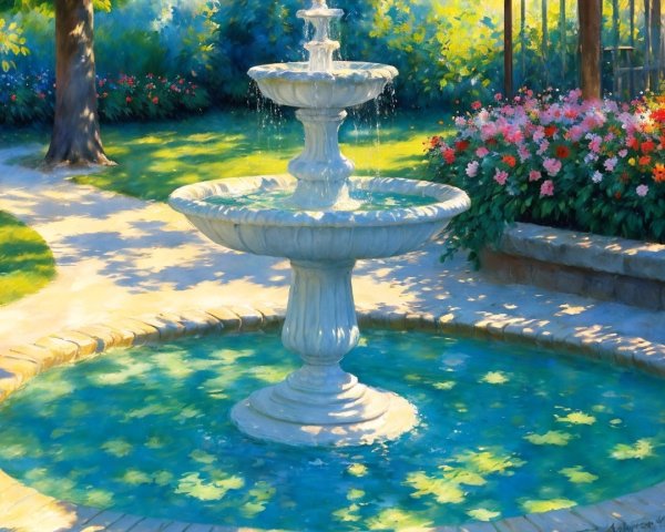 Serene Garden with Tiered Fountain and Lush Greenery