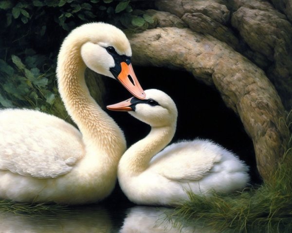 Elegant Swans and Cygnet by Serene Waterway