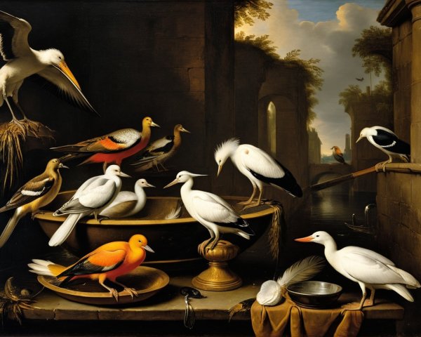 Birds Around a Basin with River and Architecture
