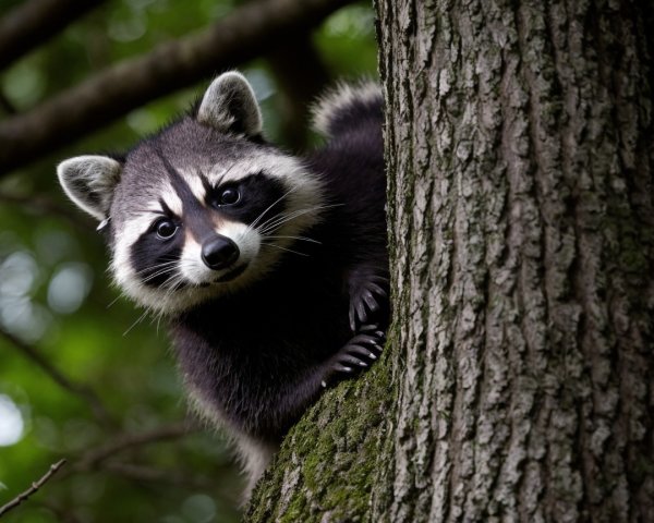 Curious Raccoon Observing from a Tree in Forest Habitat