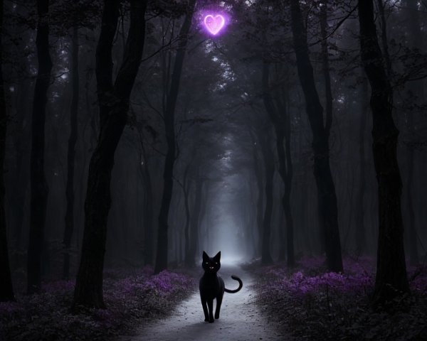 Mysterious forest scene with a black cat and glowing elements