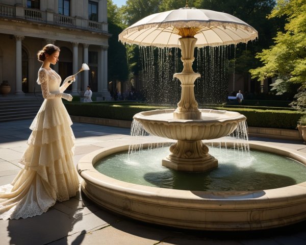 Bride in Intricate Gown by Elegant Fountain