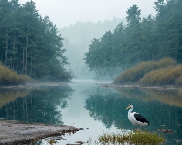 Serene river scene with mist and tall trees