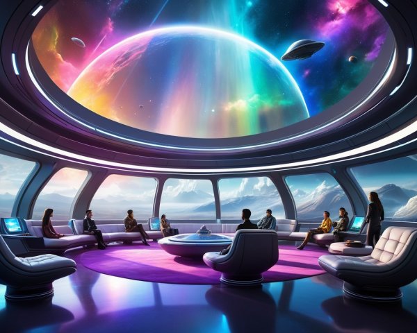 Futuristic Lounge with Nebula View and Modern Design