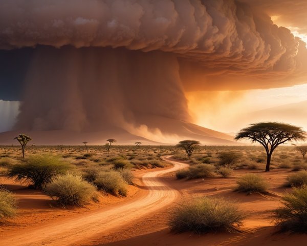 Dramatic Desert Landscape with Rain and Sunset Hues