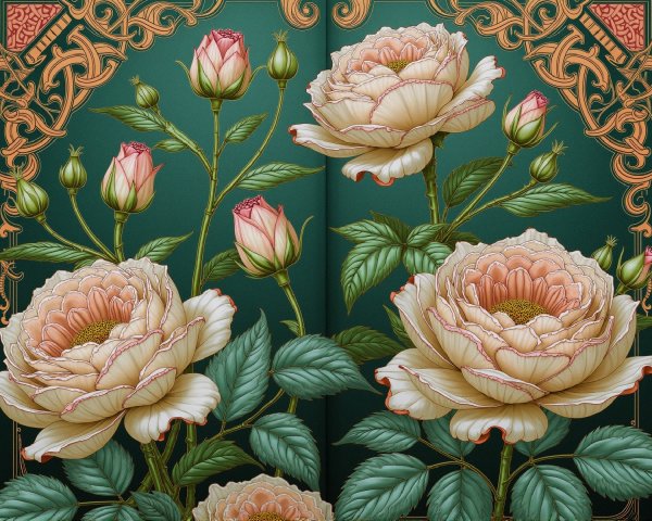 Intricate Floral Design with Creamy Roses and Greenery