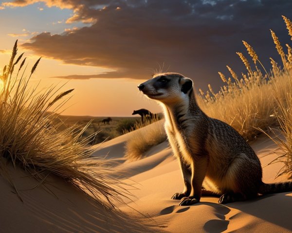 Meerkat on Sandy Dunes at Sunset with Grasses
