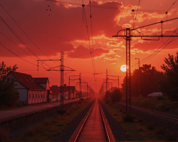 Serene Sunset Railway Scene with Abandoned Buildings