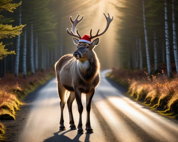 Reindeer in Santa Hat on Forest Road with Sunlight