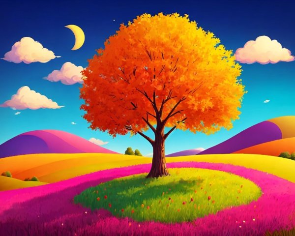 Vibrant Landscape with Orange Tree and Rolling Hills