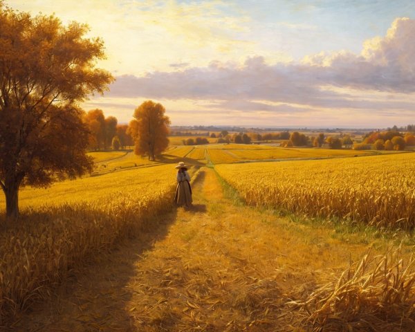 Golden Autumn Field Landscape with Woman Walking