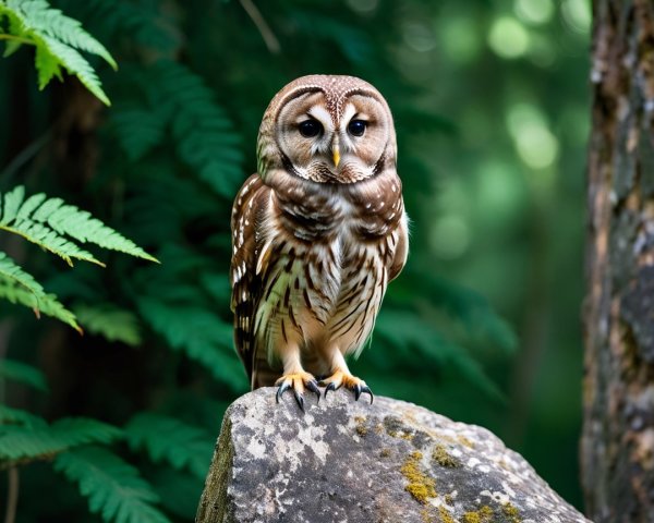 Solitary owl on moss-covered rock in lush forest