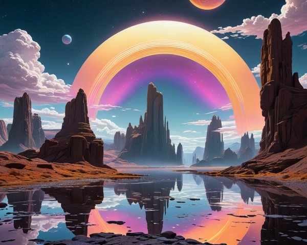 Alien Landscape with Rock Formations and Water