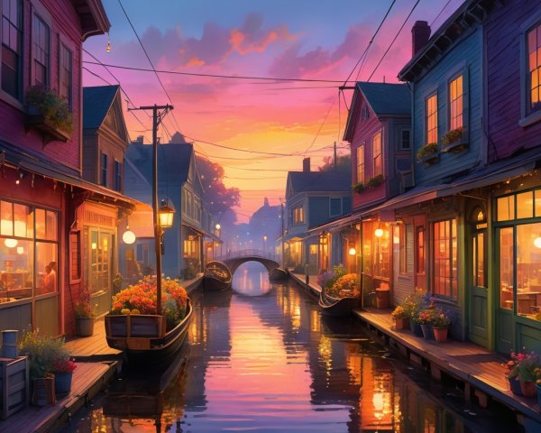 Tranquil Canal Scene at Dusk with Colorful Houses