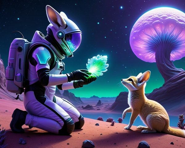 Astronaut and Fox-like Creature in Alien Landscape