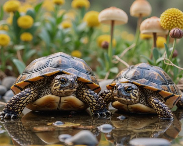 Ornate Tortoises by a Tranquil Pool Surrounded by Nature