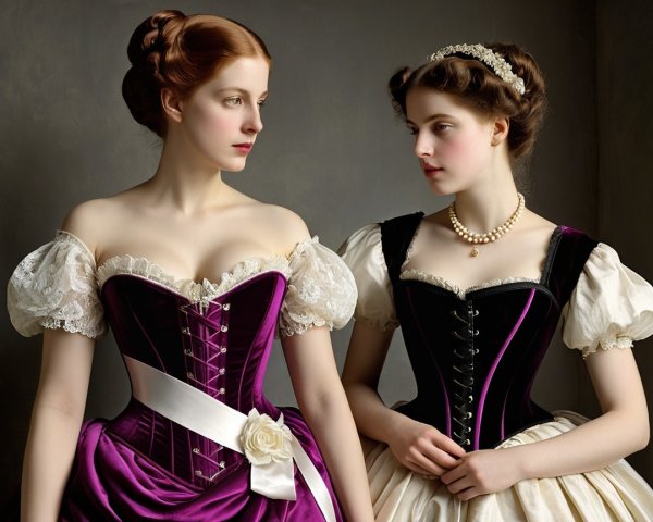 Elegant Women in Historical Gowns with Intricate Designs