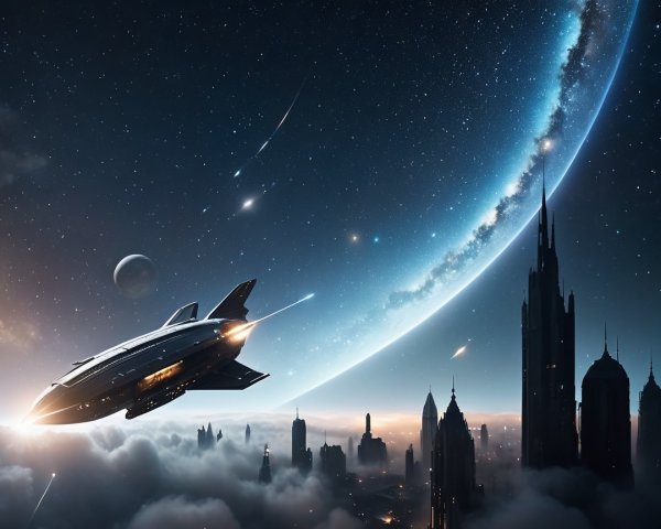 Futuristic spacecraft over advanced cityscape and stars