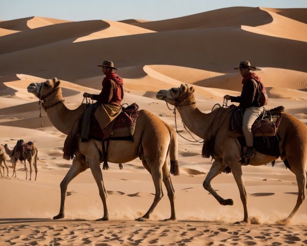 Riders on Camels in a Golden Desert Landscape