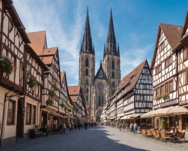 Charming Cobblestone Street with Half-Timbered Houses