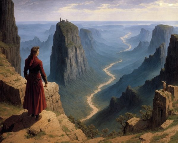 Lone Figure in Red Cloak Overlooks Dramatic Landscape