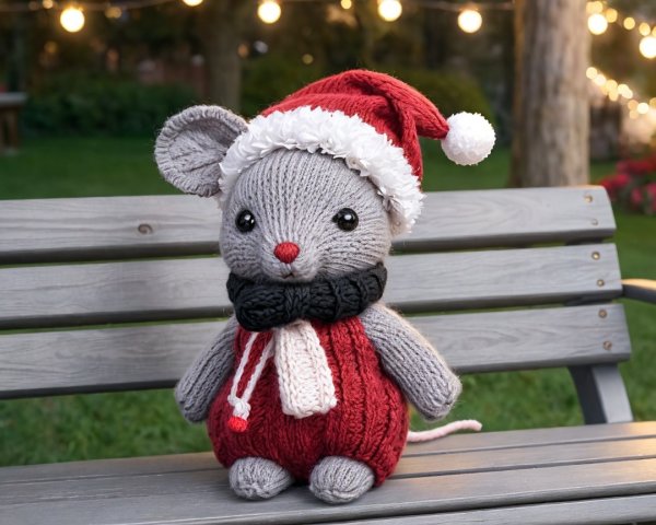 Stuffed Mouse in Festive Outfit on Wooden Bench