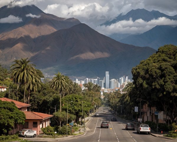Tree-lined road with city skyline and mountains