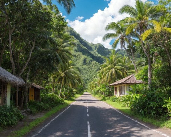 Tropical Road Surrounded by Lush Greenery and Huts