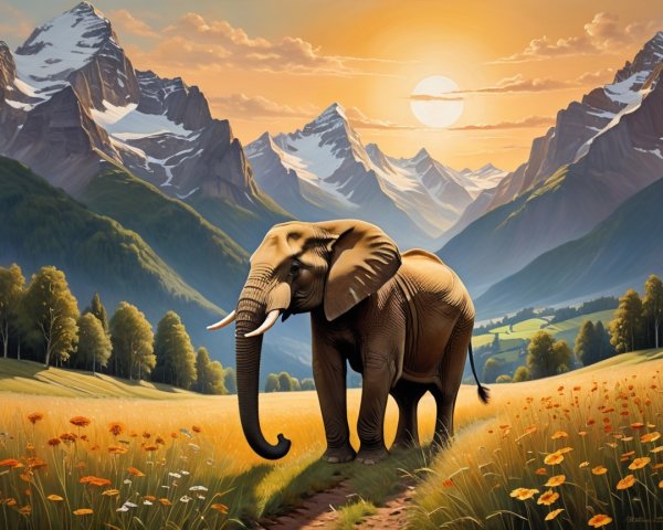 Elephant in Vibrant Meadow at Sunset with Mountains