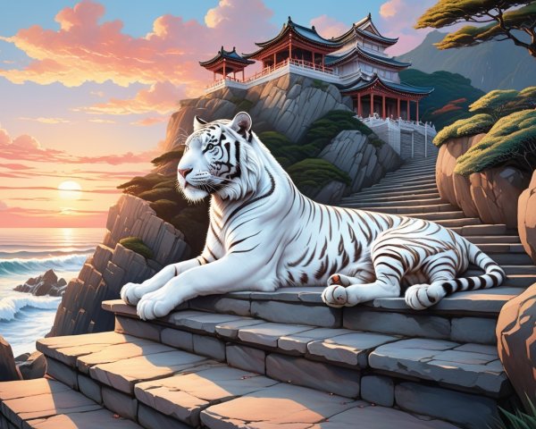 White Tiger Overlooking Coastal Landscape at Sunset