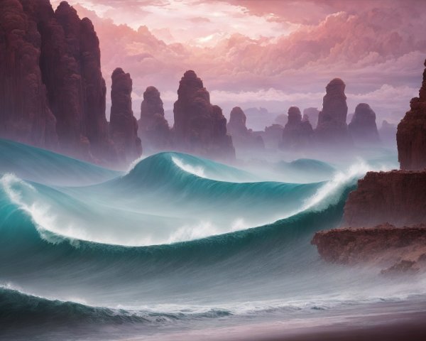 Coastal Scene with Waves and Rugged Rock Formations
